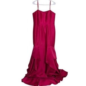 Adrianna Papell Geranium Pink Ruffle Formal Evening Gown Dress Maxi Event 12